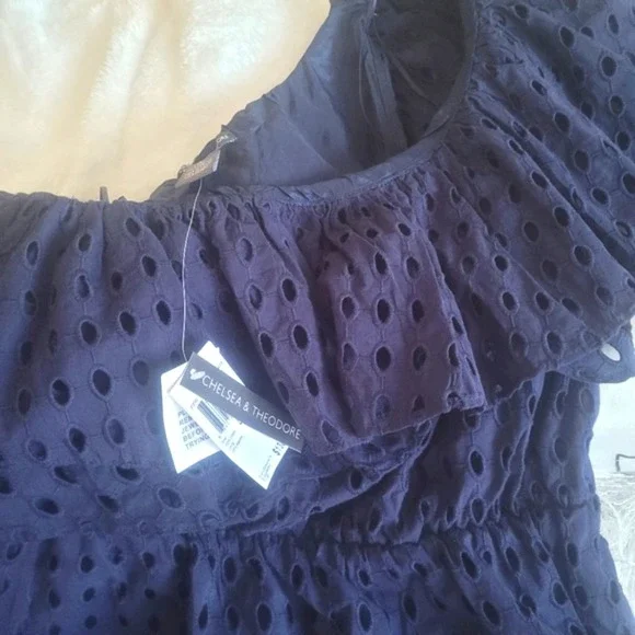 Chelsea & Theodore Navy One Shoulder Eyelet Dress Size L - Picture 8 of 9
